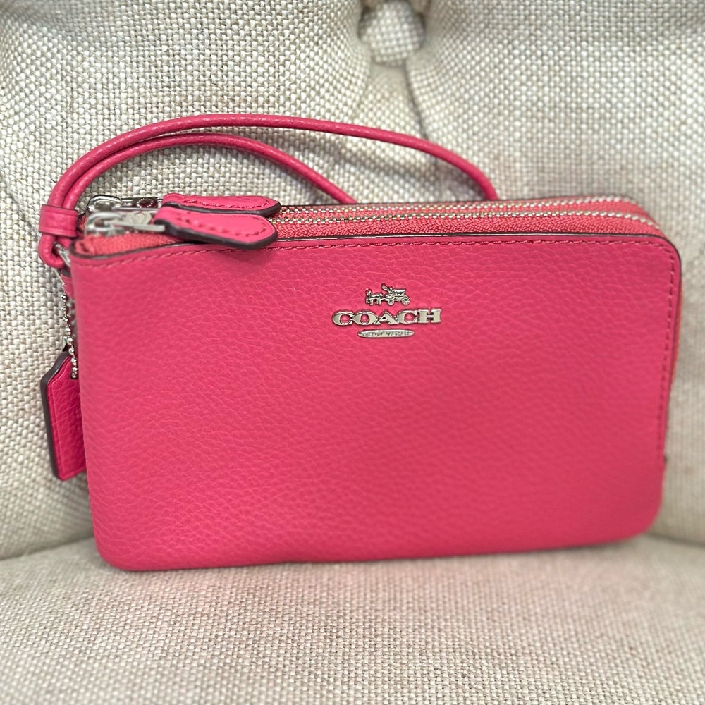 Coach Double Corner Zip Leather Wristlet F87590 Bright Fuchsia Pink Pre-Own